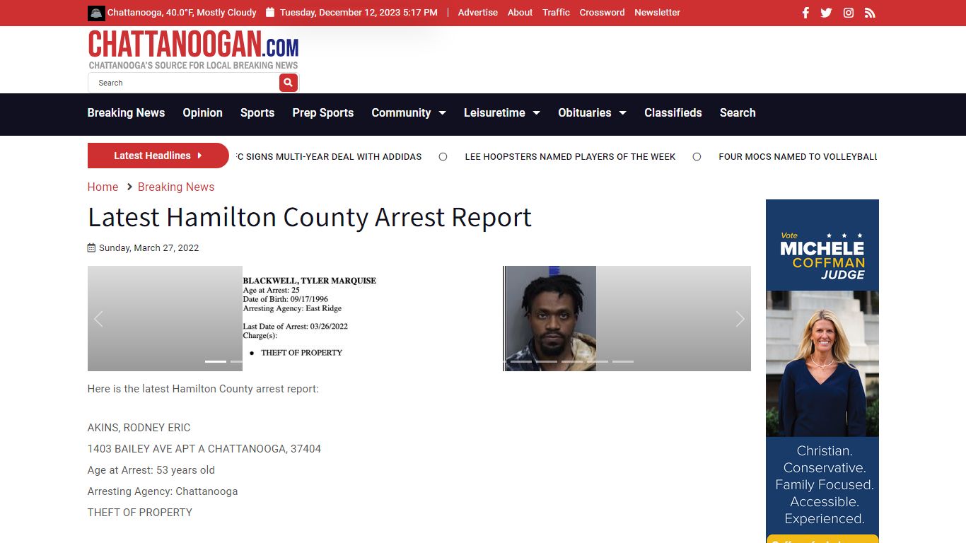 Latest Hamilton County Arrest Report - Chattanoogan.com